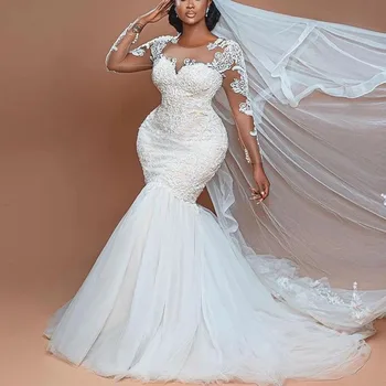 Luksusa Āfrikas Mermaid Kāzu Kleitu Vestido De Noiva Princesa O Kakla Pilnu Piedurknēm Līgava Slavenību Laulības Kāzu Kleitas 2022