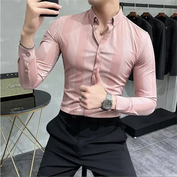 2022. gada Pavasarī Highend Svītrainām Long Piedurknēm Krekls Vīriešiem korejas Slim Fit Biznesa Kleita Krekls Vīriešiem Streetwear Sociālo Puse Krekls M-4XL