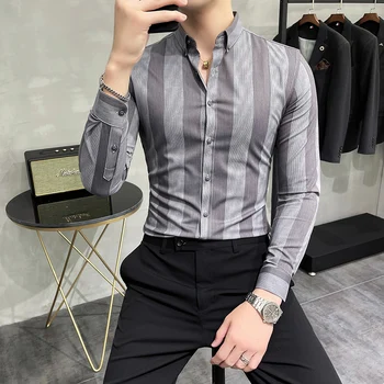 2022. gada Pavasarī Highend Svītrainām Long Piedurknēm Krekls Vīriešiem korejas Slim Fit Biznesa Kleita Krekls Vīriešiem Streetwear Sociālo Puse Krekls M-4XL Attēls 2