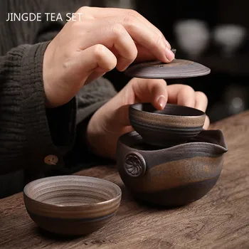 Retro Keramikas Teaware Uzvalks Keramikas apdedzināšanas Krāsns Mainīt Tējkanna Ķīnas Tējas Ceremoniju Ceļojumu Portatīvo Tējas Uzstādīt Vienā Katlā un Divas Tases Attēls 2