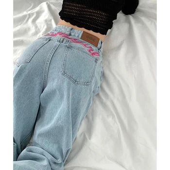 Sieviešu Džinsi Izšuvumi Augsta Vidukļa Amerikāņu Modes Streetwear Stila Plaša Kāju Jean Sieviešu Baggy Bikšu Taisnas Džinsa Bikses