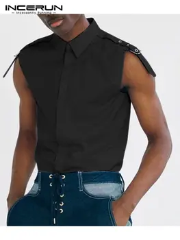 INCERUN Vīriešu Krekls Pavisam tīrtoņa Krāsu Atloks bez Piedurknēm Modes Camisa Masculina 2022 Pogu Streetwear Gadījuma Vīriešu Apģērbi S-5XL Attēls 2