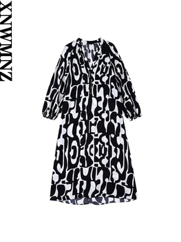XNWMNZ Sieviešu Modes Iespiesti Asimetriska Midi Kleita Vintage V-veida Kakla Ilgi Laternu Piedurknēm, Priekšā Pogas, Sieviešu Kleitas Mujer