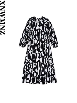 XNWMNZ Sieviešu Modes Iespiesti Asimetriska Midi Kleita Vintage V-veida Kakla Ilgi Laternu Piedurknēm, Priekšā Pogas, Sieviešu Kleitas Mujer Attēls 2