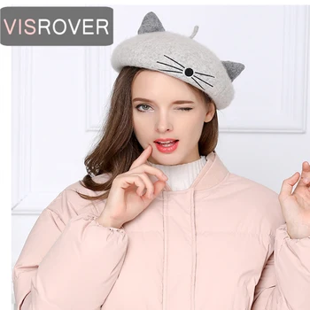 VISROVER 2019 jaunu sievieti, vilnas ziemas berete sieviešu gudrs kaķis vilnas cepurīte rudens ziemas cepure cietā augstākās kvalitātes Sieviešu Boina vairumtirdzniecības