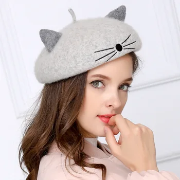 VISROVER 2019 jaunu sievieti, vilnas ziemas berete sieviešu gudrs kaķis vilnas cepurīte rudens ziemas cepure cietā augstākās kvalitātes Sieviešu Boina vairumtirdzniecības Attēls 2