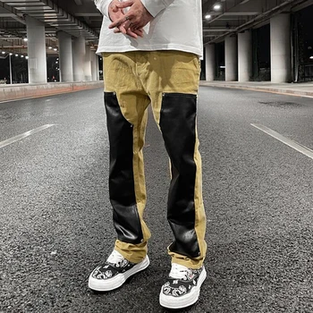Color Block PU Ādas Savienoti Streetwear Mens Kravas Bikses Harajuku Taisni Lielgabarīta Zaudēt Gadījuma Bikses