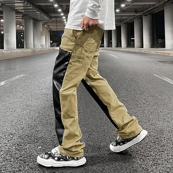 Color Block PU Ādas Savienoti Streetwear Mens Kravas Bikses Harajuku Taisni Lielgabarīta Zaudēt Gadījuma Bikses Attēls 2