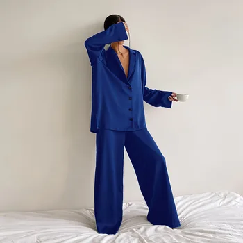 Lielgabarīta Satīna Zīda Sleepwear Zemas Frekvences Seksīgas Pidžamas Sievietēm Viena Krūtīm, Garām Piedurknēm Plaša Kāju Bikses Bikšu Kostīmi
