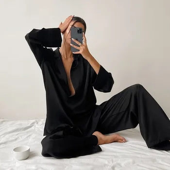 Lielgabarīta Satīna Zīda Sleepwear Zemas Frekvences Seksīgas Pidžamas Sievietēm Viena Krūtīm, Garām Piedurknēm Plaša Kāju Bikses Bikšu Kostīmi Attēls 2