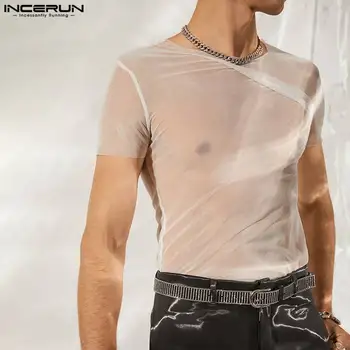 INCERUN 2022 Vīriešu T Krekls, kuru linuma Acs O-veida kakla Īsām Piedurknēm Redzēt Cauri Vīriešu Apģērbu Cietā Streetwear Sexy Puse Naktsklubs Camisetas S-5XL