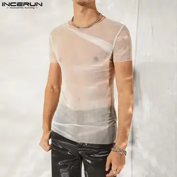INCERUN 2022 Vīriešu T Krekls, kuru linuma Acs O-veida kakla Īsām Piedurknēm Redzēt Cauri Vīriešu Apģērbu Cietā Streetwear Sexy Puse Naktsklubs Camisetas S-5XL Attēls 2