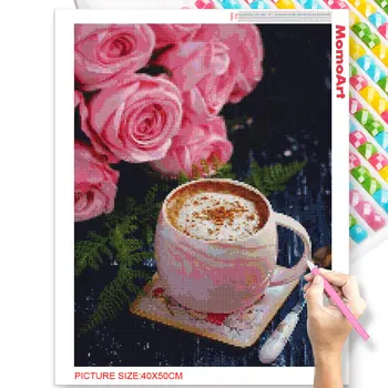 Momoart Pilnu Kvadrātveida Dimanta Krāsošana Rožu Kafijas Dimanta Ziedu Izšuvumi 5D Jaunas Ielidošanas DIY Cross Stitch Mozaīkas Mākslas, Mājas Dekoru Attēls 2