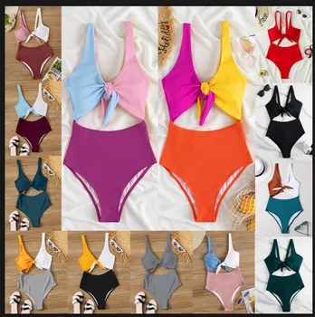 Jauns Krāsains Sieviešu Peldkostīmi Sexy viengabala peldkostīmu Krāsu-bloķēts Krūtīm Mezgls Peldkostīmi Ziemeļvalstu Bikini, Lai Vasarā Pludmale Attēls 2