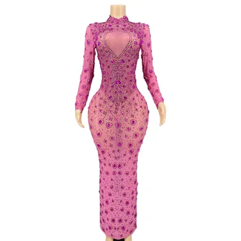 2022 jaunu modes skatuves šovs dziedātāja puse kleita rozā Kristāli, Akmeņi Sexy Caurspīdīgs Gara Kleita Vakarā Svinēt kostīms