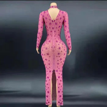 2022 jaunu modes skatuves šovs dziedātāja puse kleita rozā Kristāli, Akmeņi Sexy Caurspīdīgs Gara Kleita Vakarā Svinēt kostīms Attēls 2