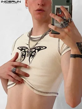 INCERUN 2022 Vīriešu T Kreklu apdruka Apaļu Kakla Vasaras Īsām Piedurknēm Vīriešu Apģērbu Streetwear Fitnesa Sexy Gadījuma Crop Topi S-5XL